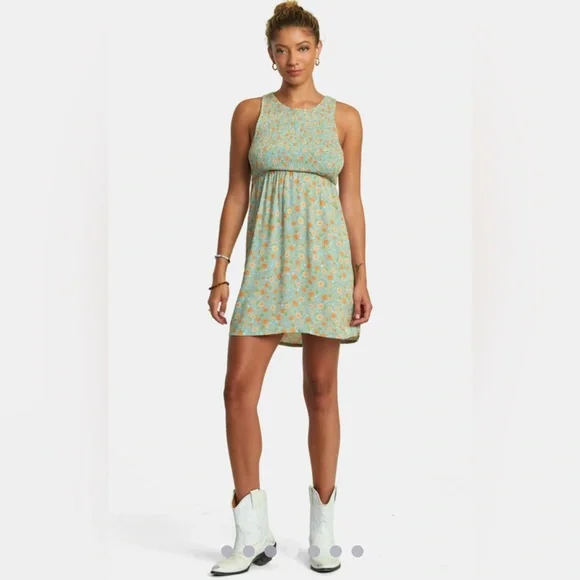 RVCA floral high neck trigger mini dress with smocked bust shale color NWT SZ XS - Picture 2 of 12